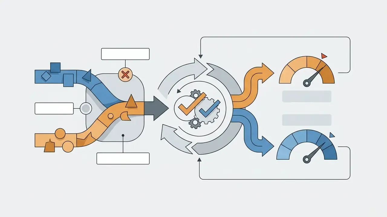 Data streams feeding into a central verification gear cycle with gauges measuring output performance metrics