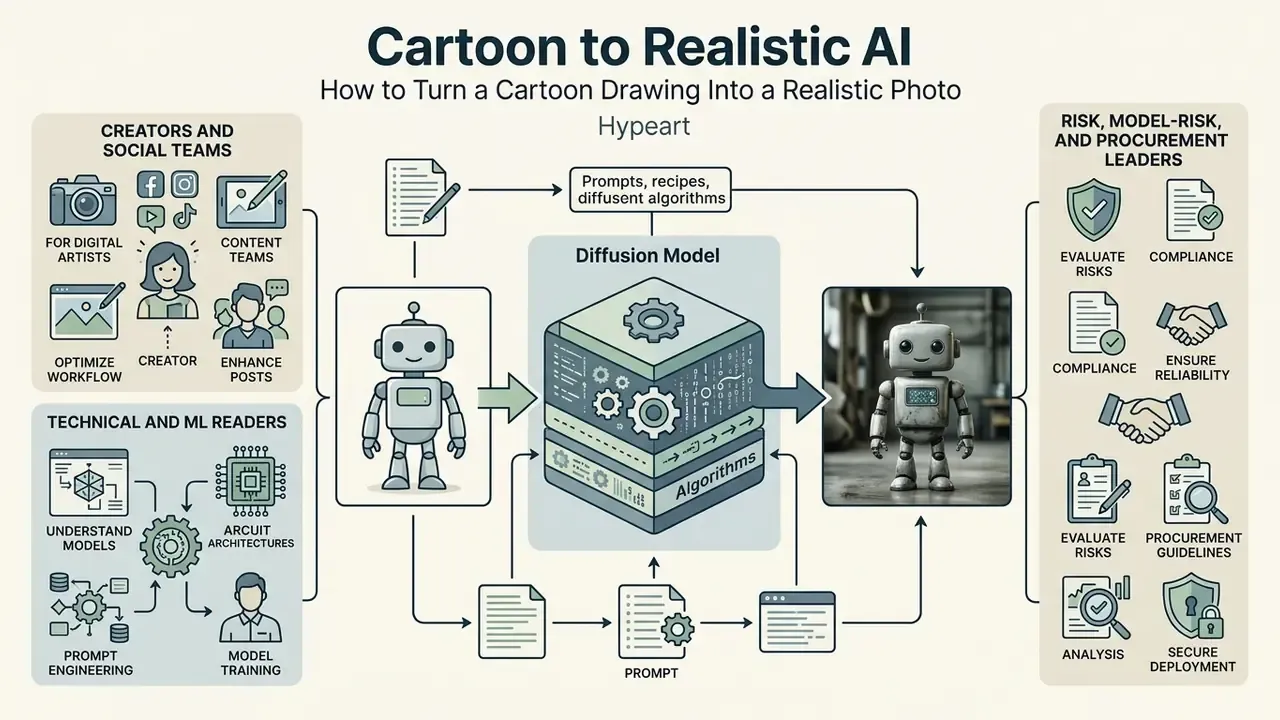 Infographic showing how a diffusion model transforms a cartoon robot drawing into a realistic photo