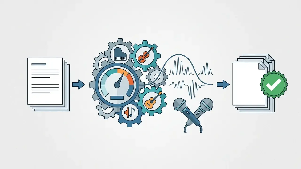 Lyrics and instrument icons feeding into a gear system to create audio waveforms and verified files