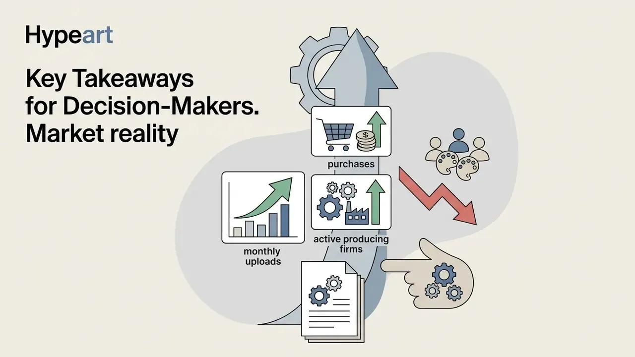 Upward arrow graphic showing growth in uploads, firms, and purchases alongside a decline in human creators