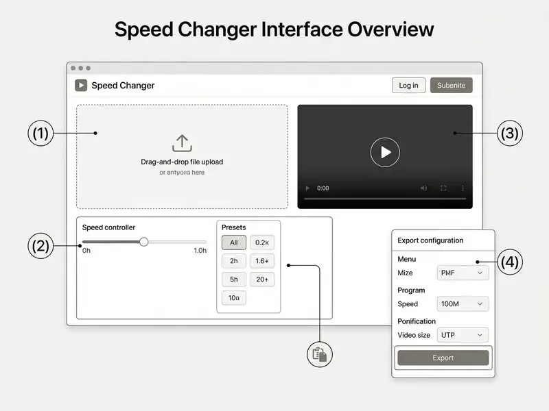 Annotated interface showing file upload, speed slider, video preview, and export settings