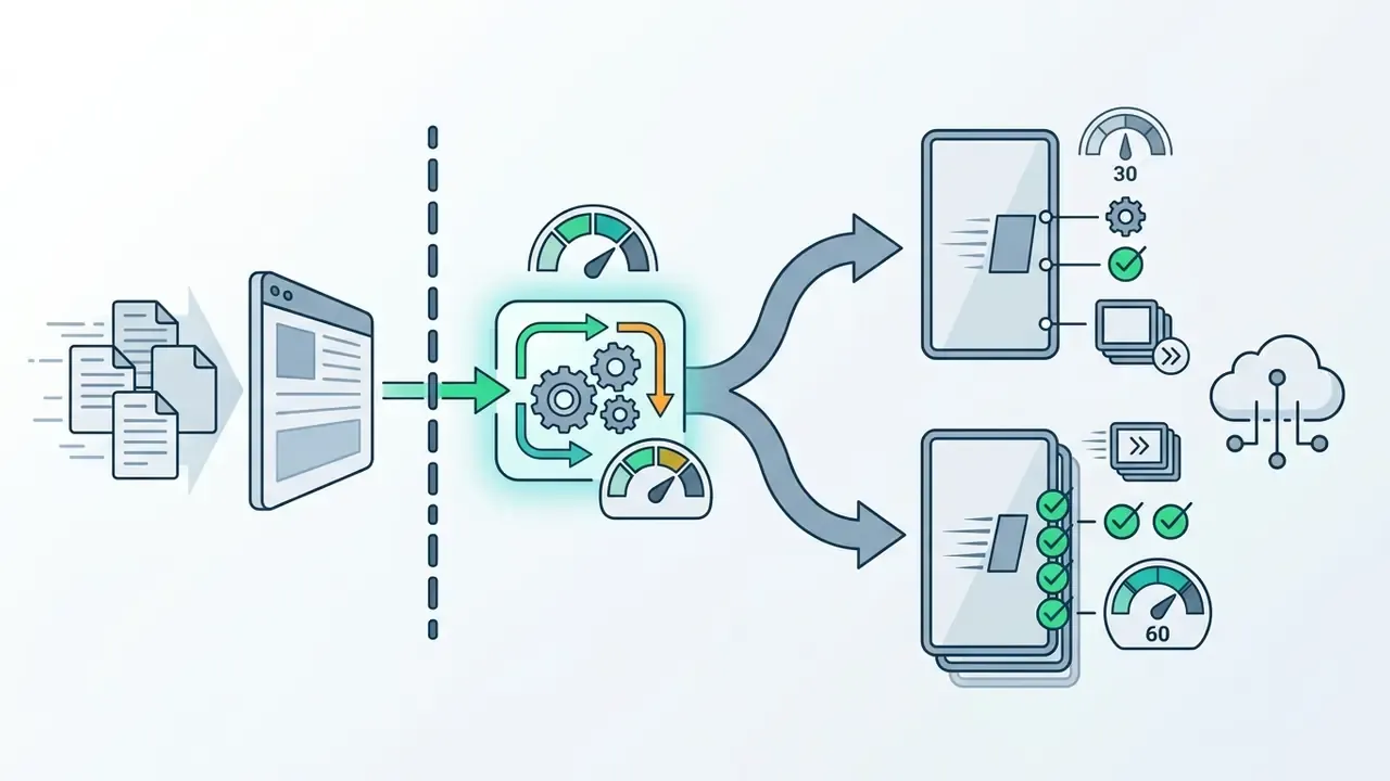 Data processing pipeline showing file input and gear-driven rendering for 30 fps and 60 fps export options