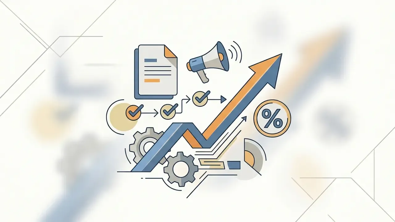 Document and megaphone icons above a rising arrow chart with gears and a percentage symbol