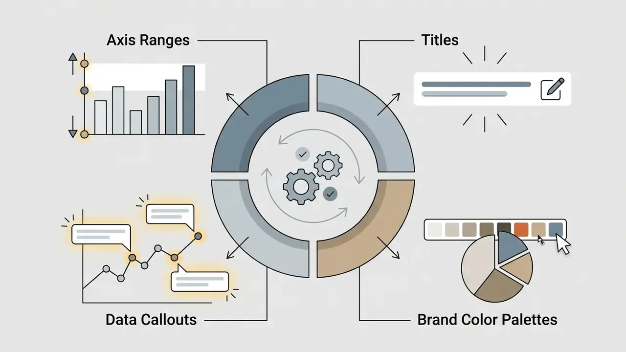 Central gear icon surrounded by four quadrants connecting to axis, title, callout, and color palette tools