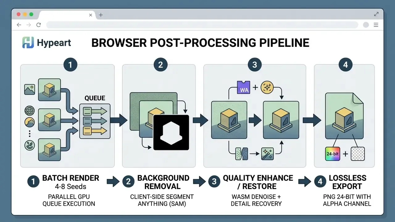 Four-step browser pipeline showing batch rendering, background removal, quality enhancement, and export