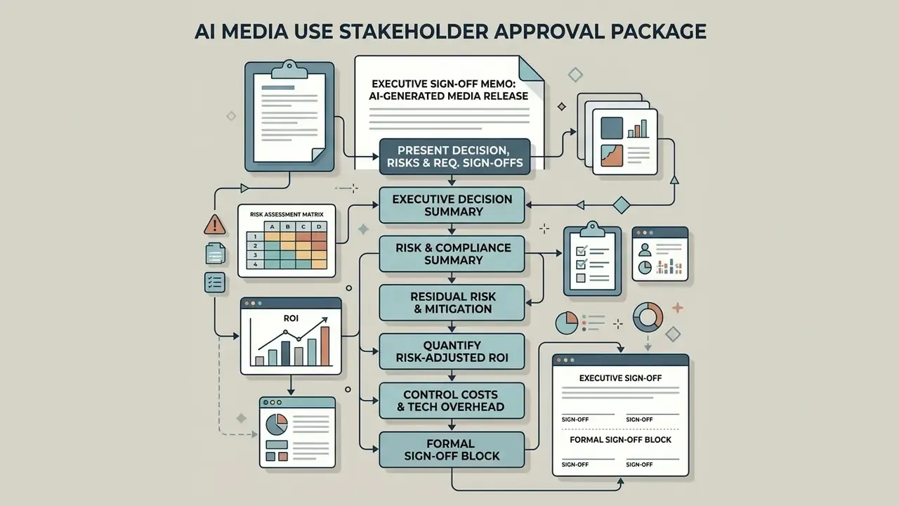 Diagram mapping components of a B2B AI media trust stakeholder approval package including risk and ROI