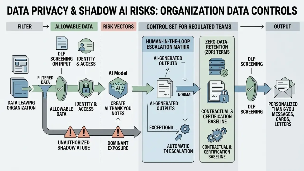Flowchart illustrating data security controls for AI thank you note generation and risk mitigation
