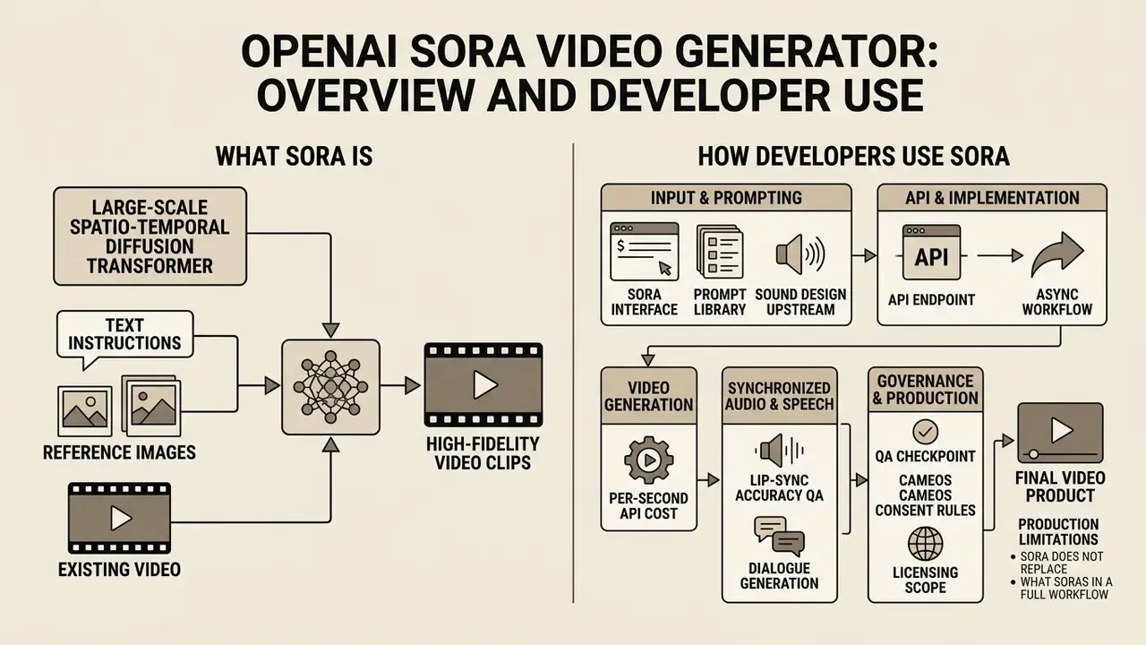 Infographic showing the technical architecture and developer workflow for the OpenAI Sora video generator