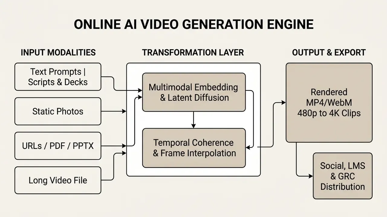 Diagram mapping raw inputs through a transformation layer to generate final video files for distribution