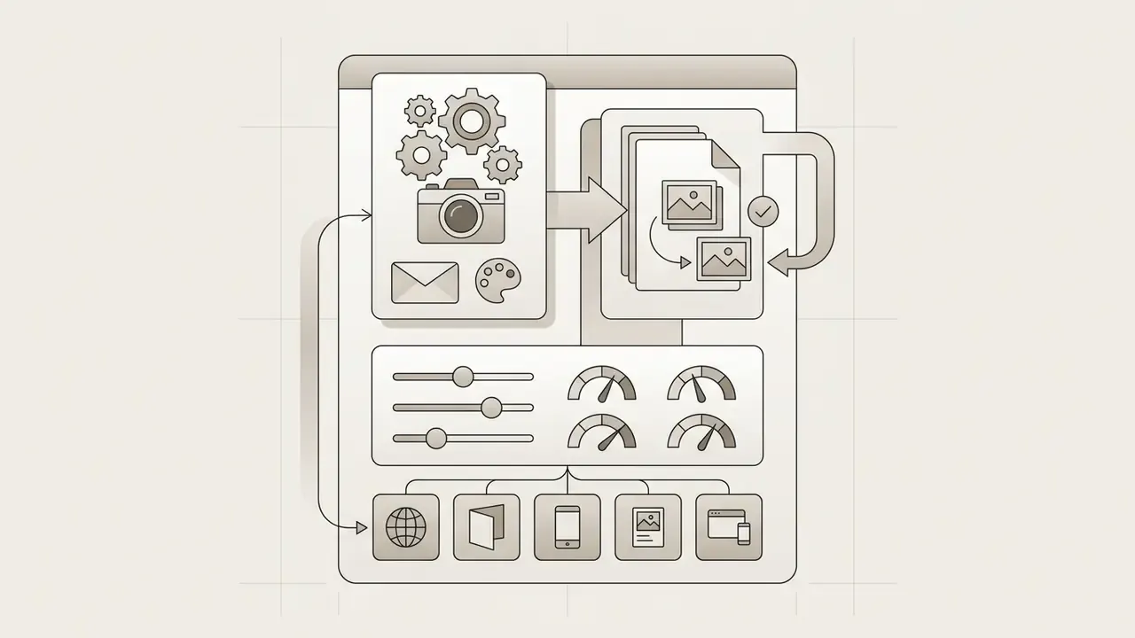Digital interface showing camera and design tools processing assets into templates with adjustment controls