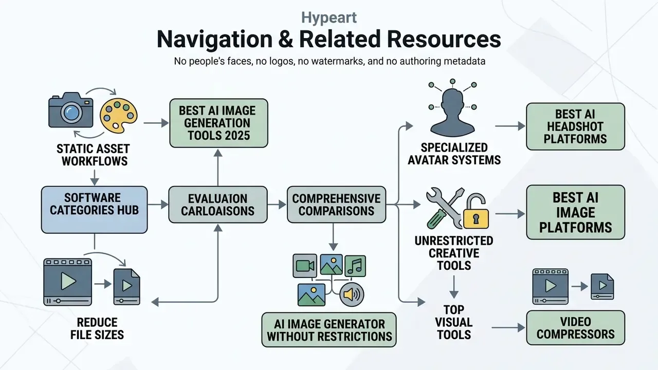 Map of software categories and related guides for evaluating AI image and video creation tools
