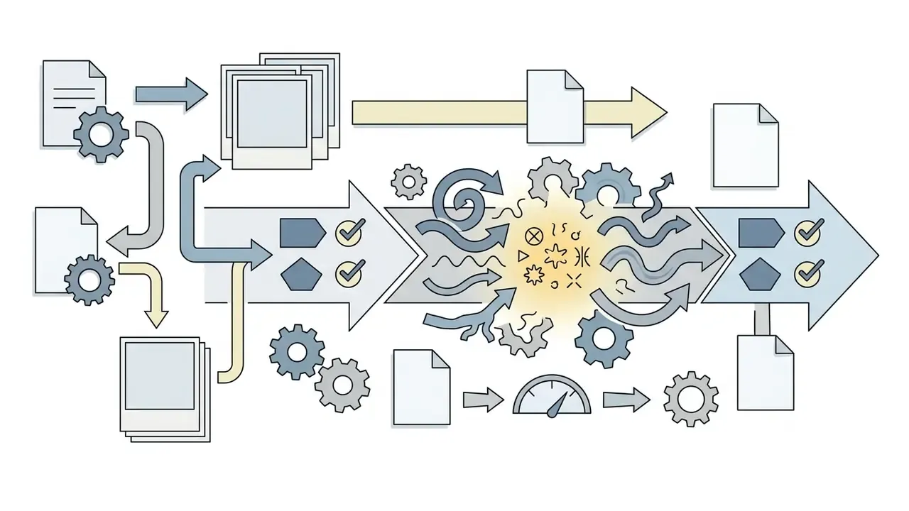 Document and photo inputs feeding into a gear-driven processing stream with chaotic central turbulence