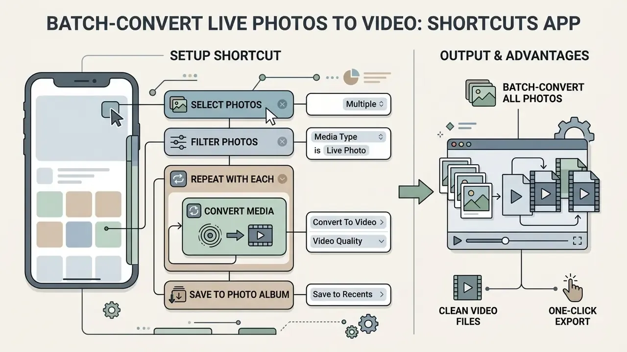 Diagram detailing the steps to configure a Shortcuts app workflow for batch converting Live Photos to video
