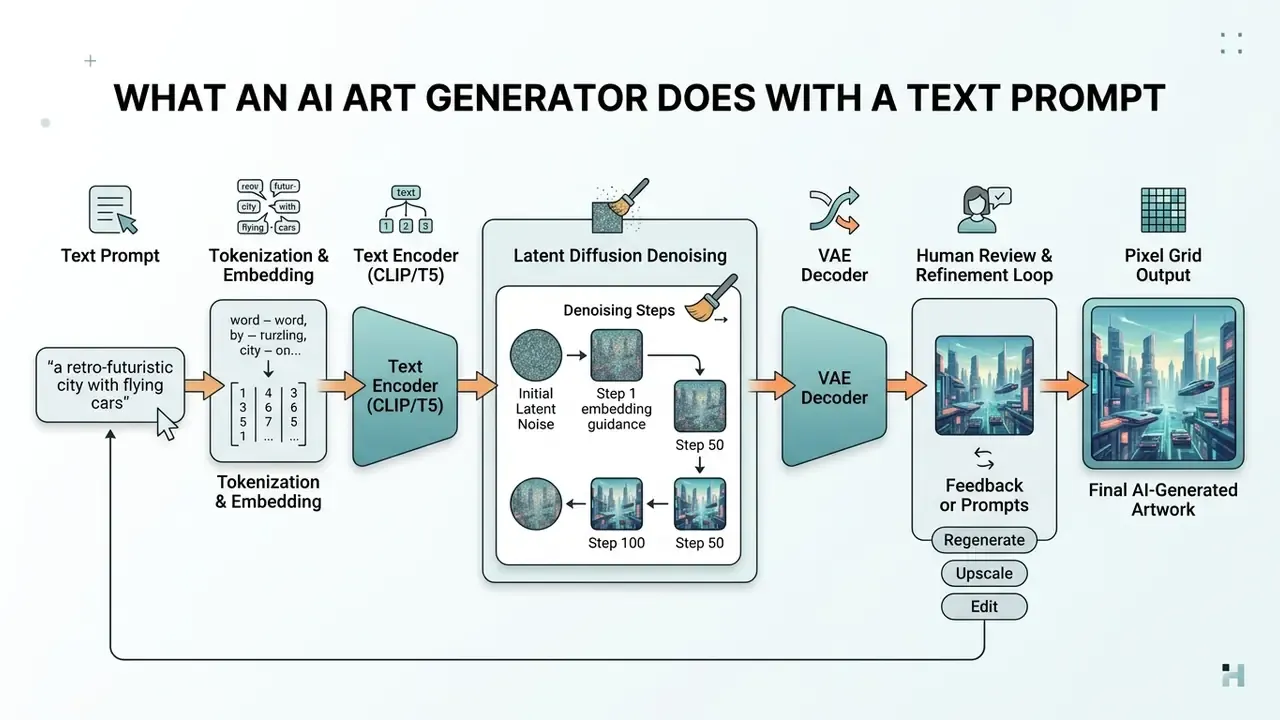 Flowchart illustrating how AI art works from text input through latent diffusion to final image output
