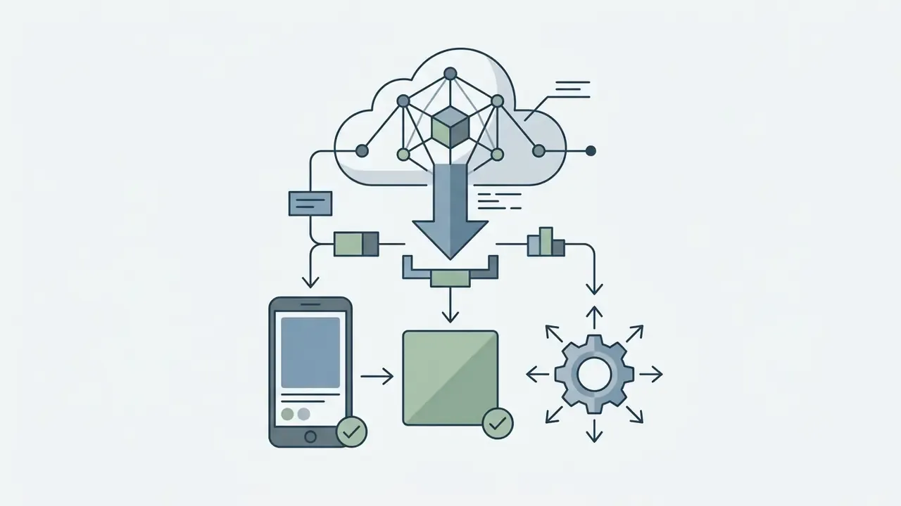 Cloud computing network feeding into a smartphone, a square file icon, and a gear mechanism