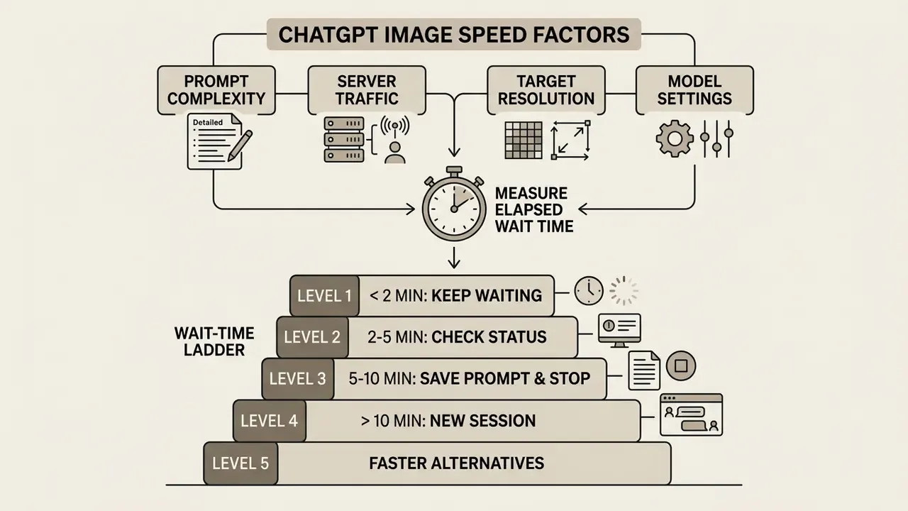 Flowchart showing how prompt complexity and server traffic influence ChatGPT image generation wait times