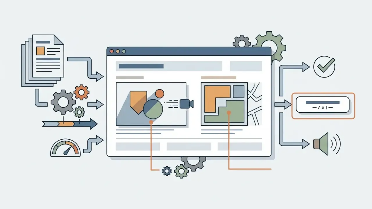 Схема обработки видеоконтента с элементами монтажа, настройкой графики и финальным выводом медиафайлов