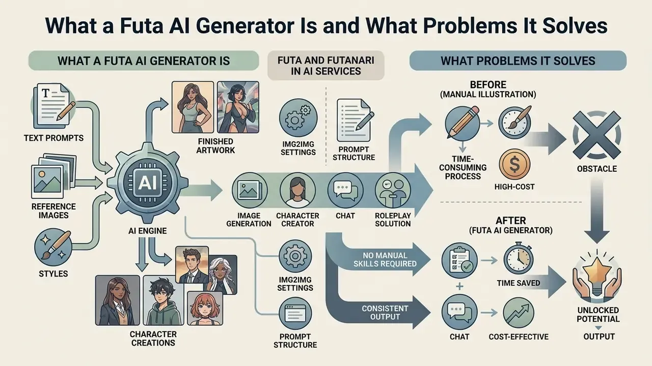 Infographic showing how a Futa AI generator converts text and images into characters and artwork