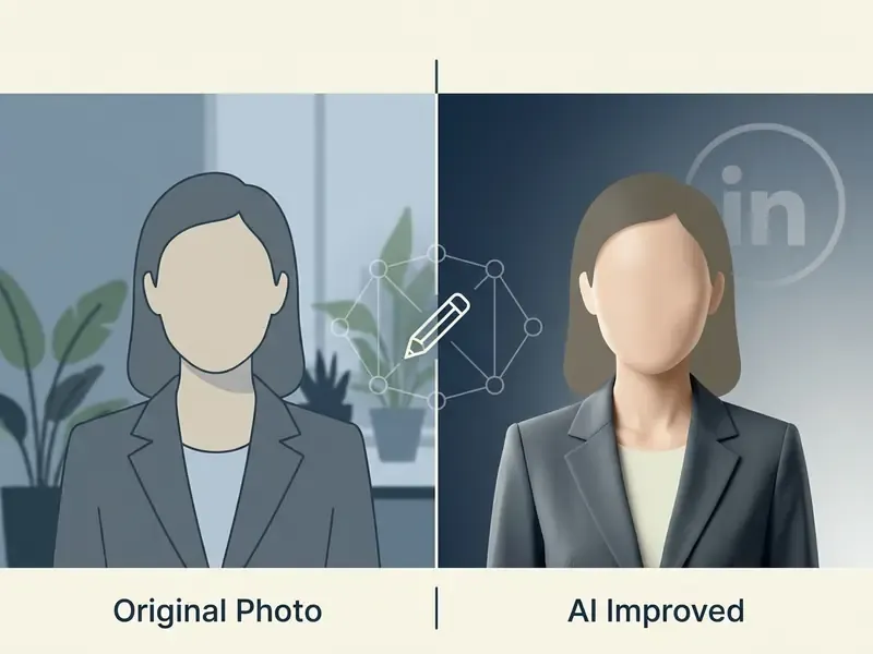 Split screen showing a flat illustration of a person transformed into a polished professional portrait