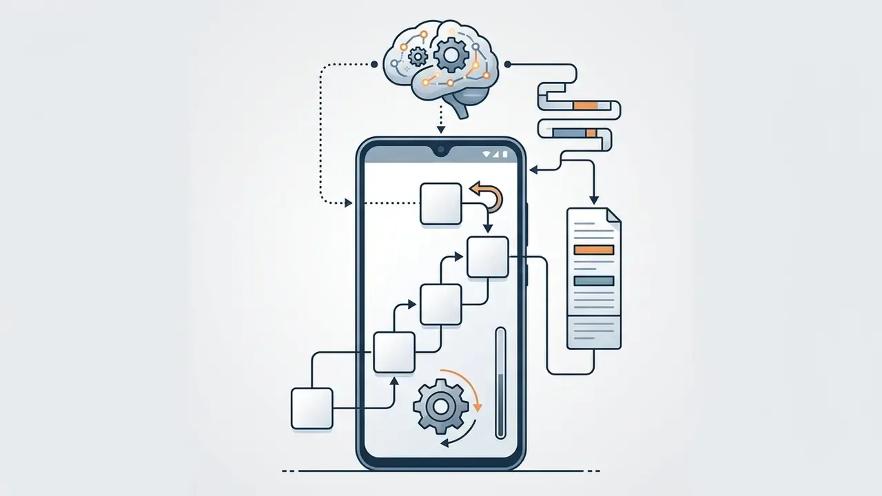 Smartphone screen displaying a sequential token generation process linked to a brain icon with gears