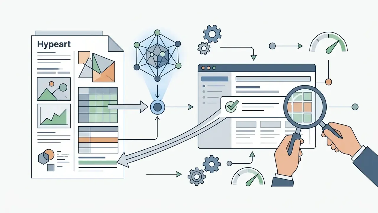 Document data being processed through a network model and verified by a hand holding a magnifying glass