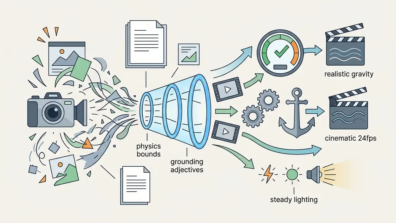 Camera and documents feeding through a funnel into video output icons with physics and lighting constraints