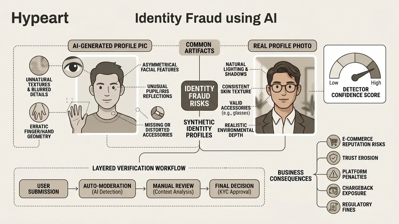 Visual guide contrasting synthetic and real profile photos with a verification workflow and business risks