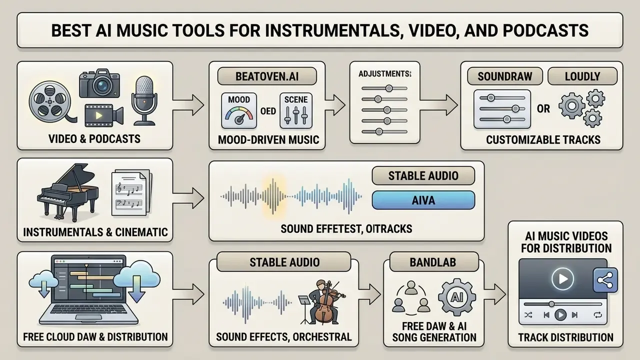 Categorized workflow diagram showing how various AI music tools support video, podcast, and audio production