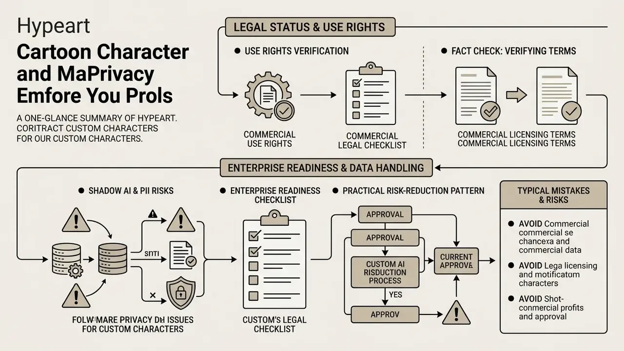 Diagram detailing legal, licensing, and data privacy workflows for using a cartoon character maker