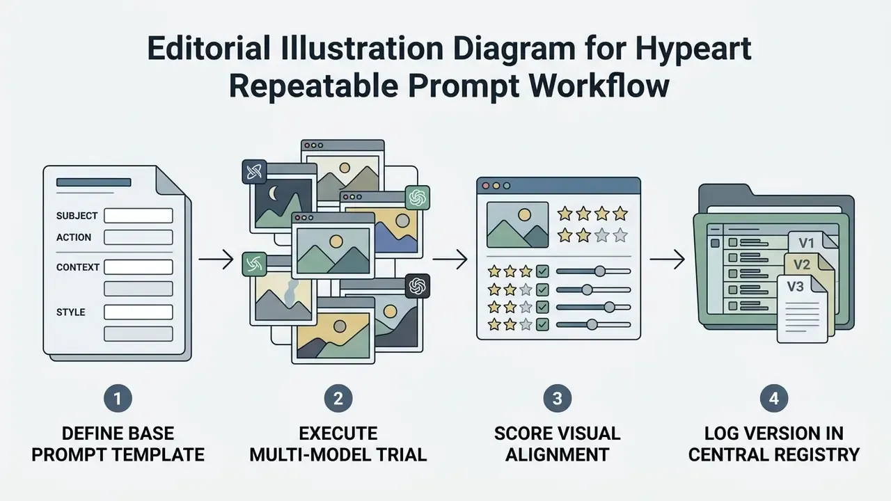 Four-step diagram showing a workflow for defining, testing, scoring, and logging AI art generator prompts