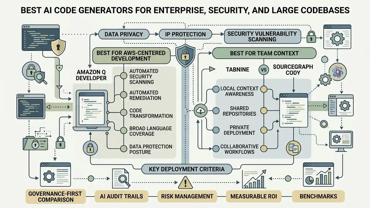 Infographic comparing enterprise AI code generator features for AWS development and team context