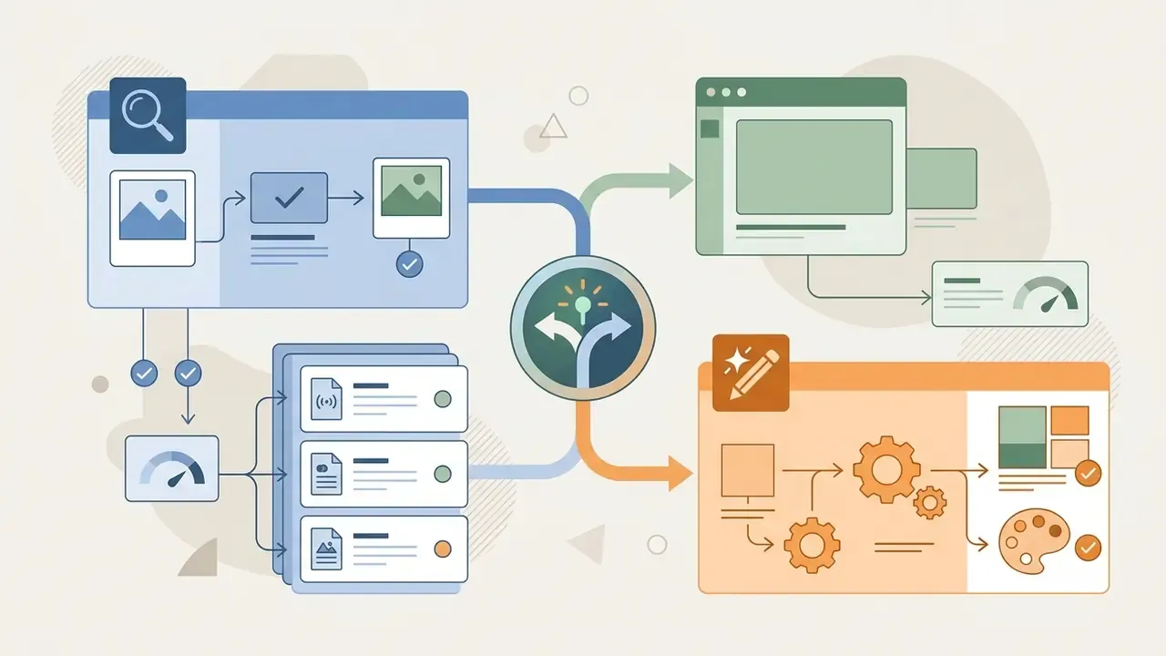 Central hub directing input data to either analytical visual processing or creative generation tools