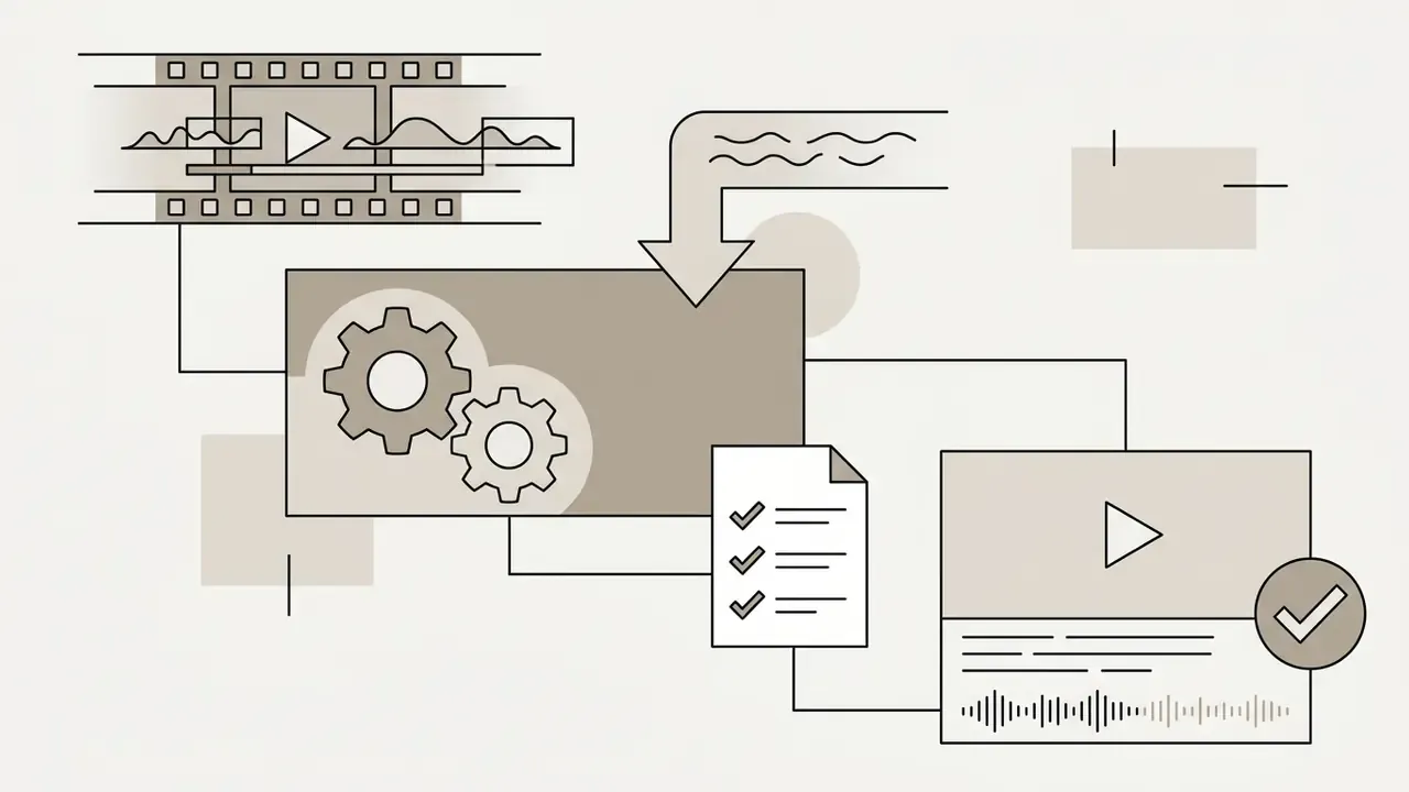 Video footage being processed through gears and a checklist to create a subtitled final media file