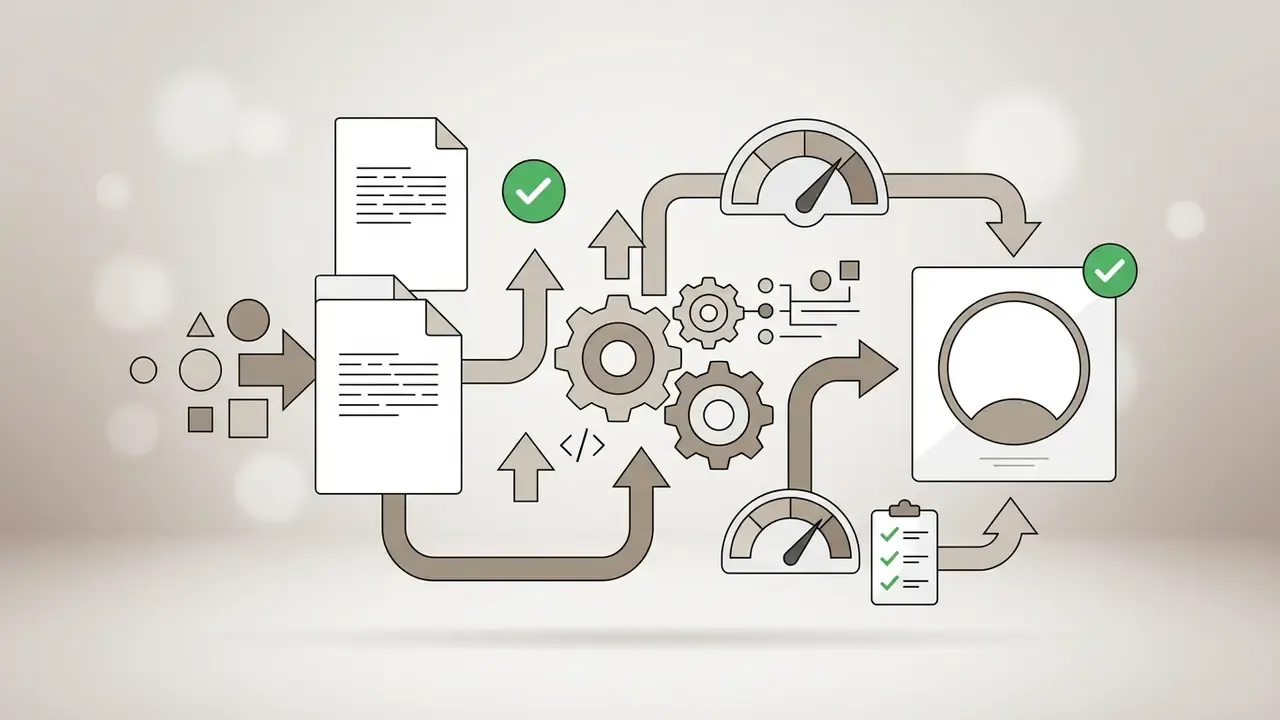 System of document processing, gear mechanisms, and gauges leading to a circular profile avatar icon