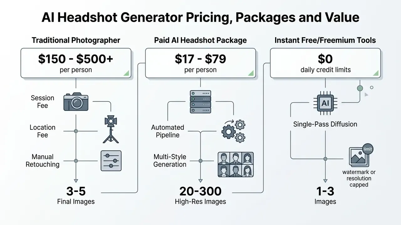 Comparison of costs and output volumes for traditional photographers, paid AI services, and free tools
