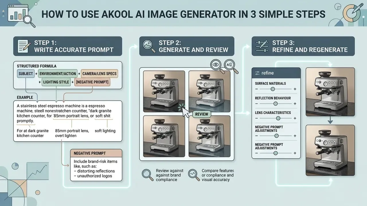 Three-step visual guide for the Akool AI image generator showing prompt structure, review, and refinement