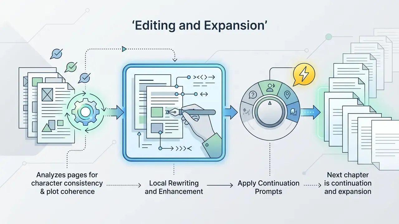 Documents with gears and a hand editing text leading to a control dial and a stack of new pages
