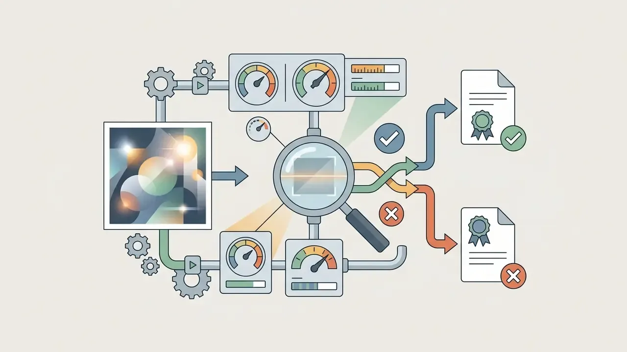 Magnifying glass analyzing an image through gauges and gears to sort documents by compliance status