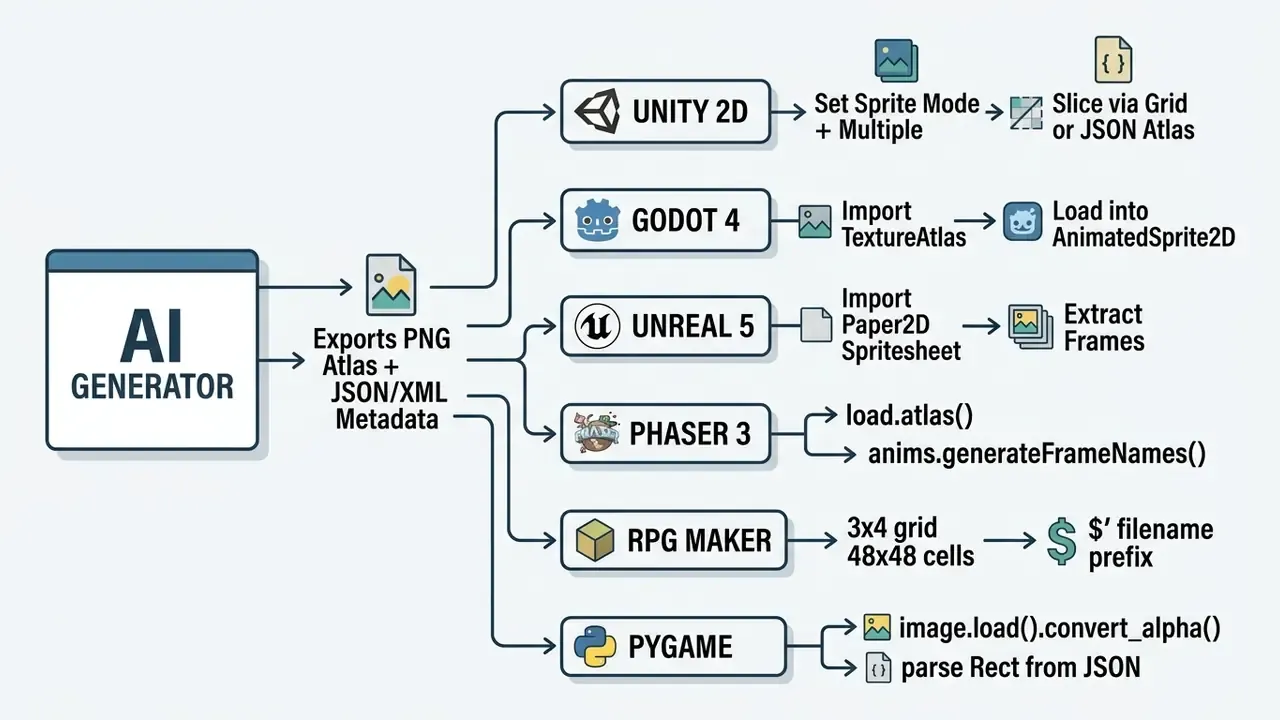 Diagram showing how PNG atlas files and metadata are imported into various game development engines