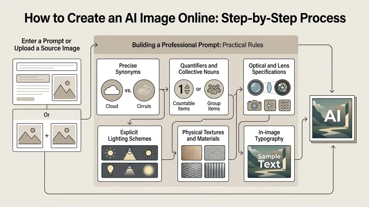 Infographic outlining rules for building professional prompts to guide AI creation