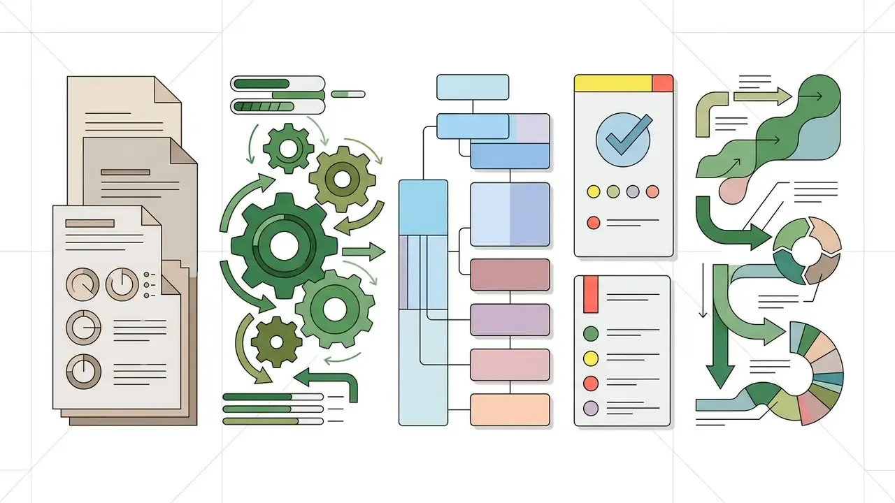 Set of icons showing document analysis, gear-driven processes, hierarchical structures, and data flows