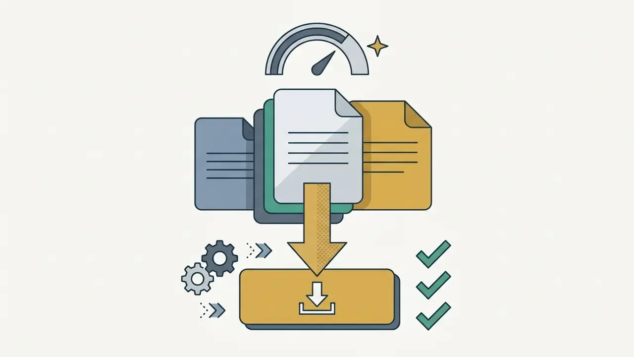 Stacked documents moving downward through a gear process toward a download button with checkmarks