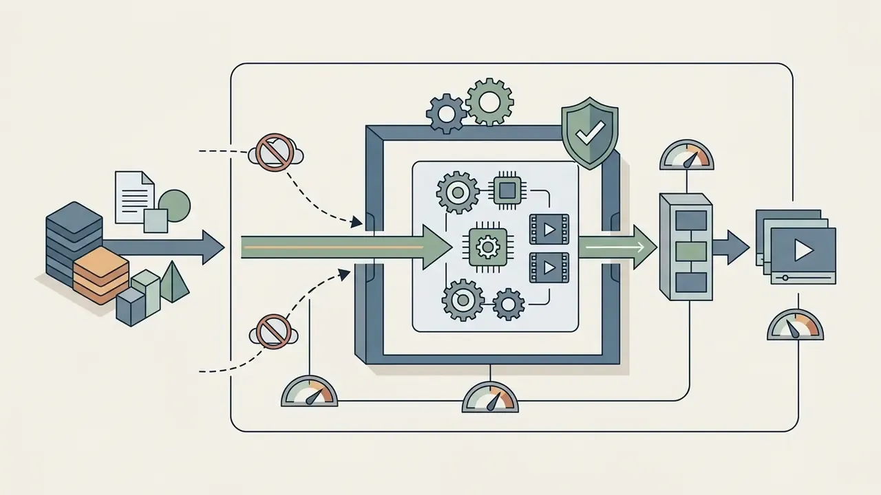 Data stacks moving through a secure processor with blocked public cloud paths to output video files