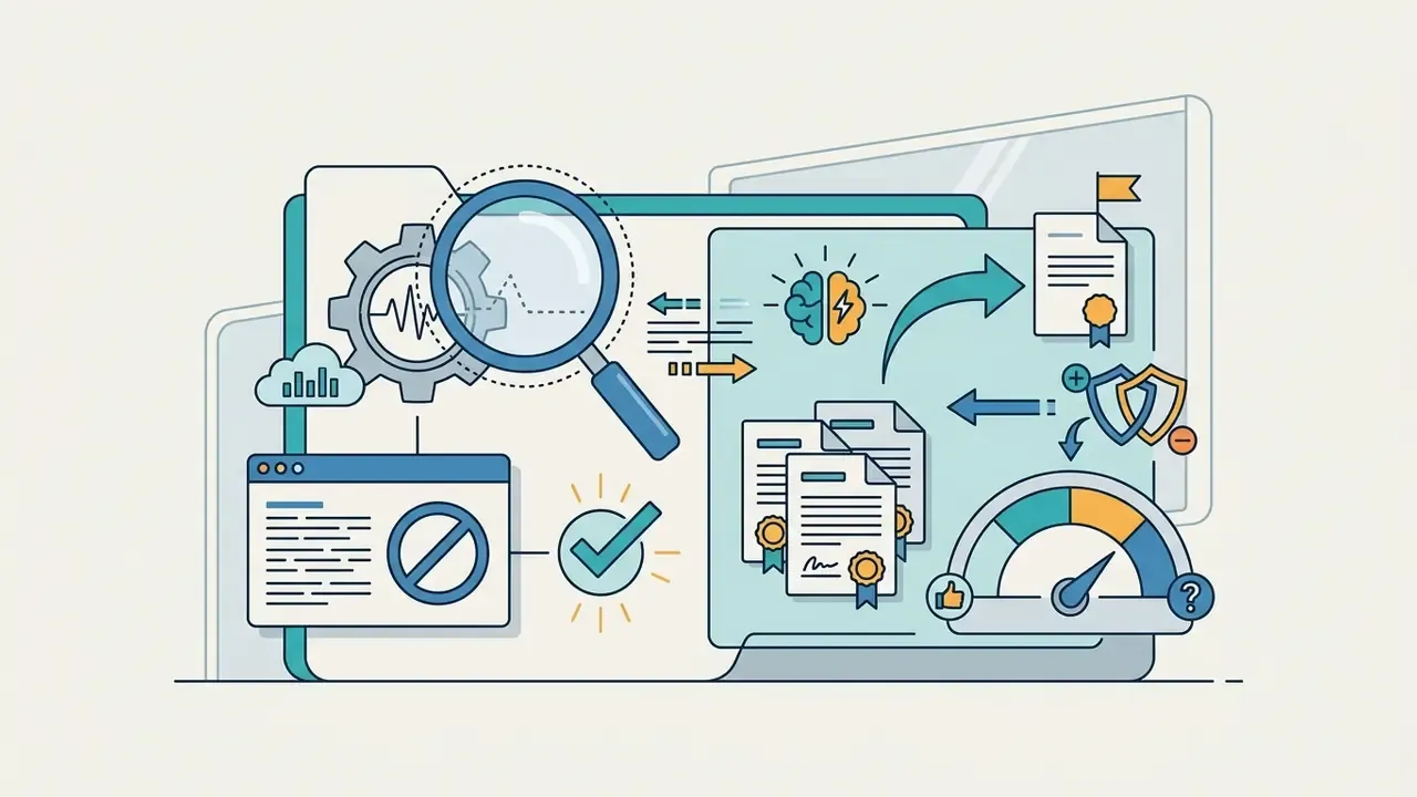 Magnifying glass over a gear and documents with brain, shield, and gauge icons on digital screens