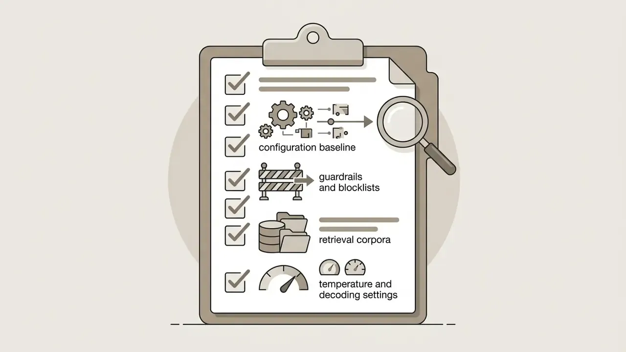 Clipboard with a checklist of configuration baseline, guardrails, retrieval corpora, and model settings