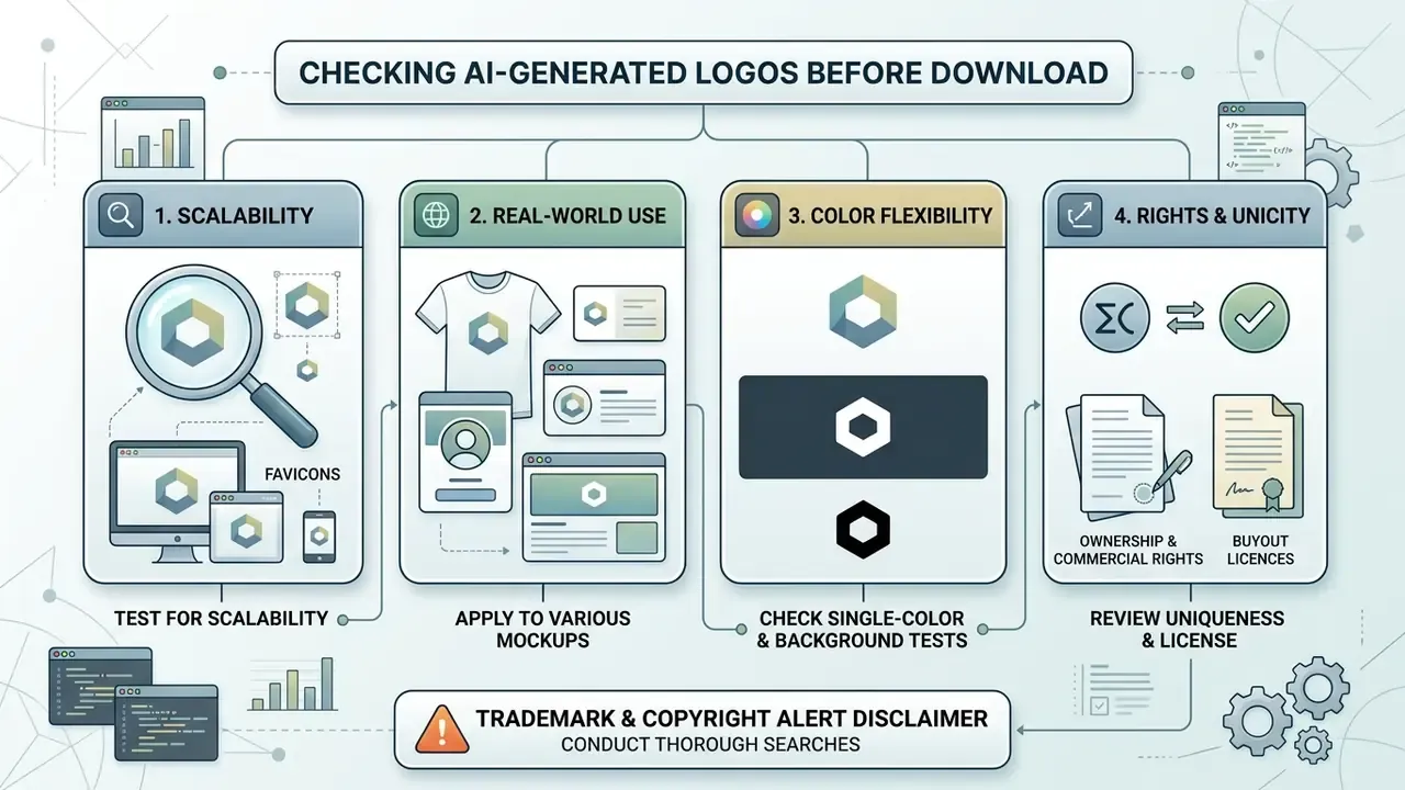 Four-step infographic detailing how to verify logo scalability, real-world application, and legal rights