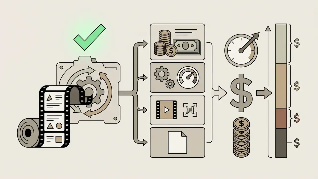 Film strip feeding into a gear mechanism that processes data into financial cost and time metrics