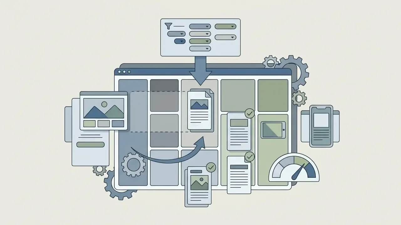 Grid of template options with filter controls and icons representing design selection and customization