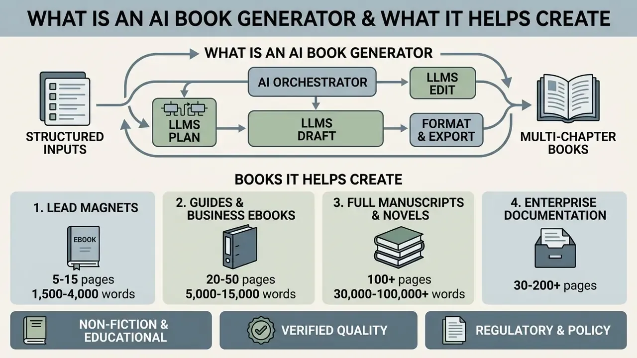 Diagram illustrating how an AI book generator processes inputs into various types of long-form publications