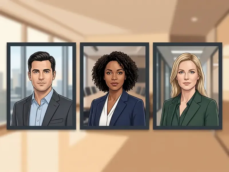 Three professional head-and-shoulders portraits of diverse individuals in business attire against office backgrounds